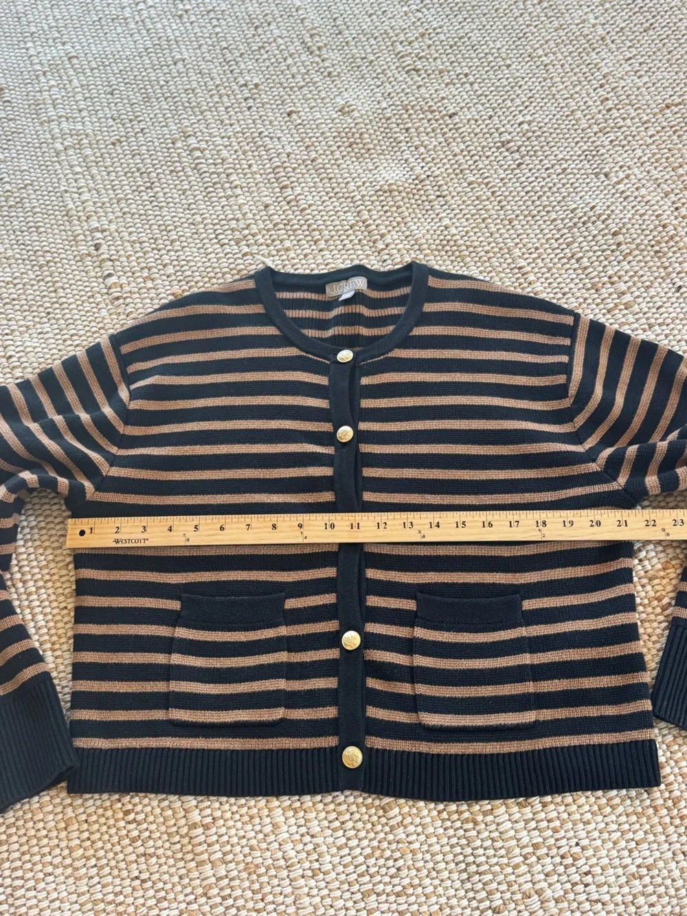 J.Crew Relaxed Emilie sweater lady jacket stripe black heather camel size large